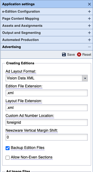 Page Tracker Application Settings for Vision Data Ad Layout File Format using